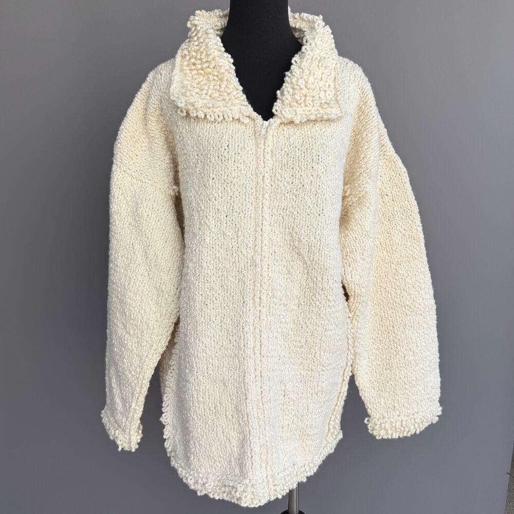 Vtg 70s Over the Rainbow 100% Wool Cardigan - ivory Full Zip Collared size XL